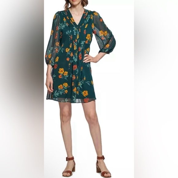 Floral Print Green Multicolor Calvin Klein Chiffon Shift Mini Dress - Picture 1 of 6
